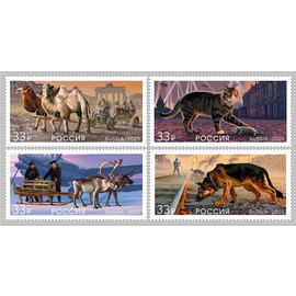 Россия 2025 г. № 3384-3387. К 80-летию Победы в Великой Отечественной войне. Животные на фронтах войны. Серия